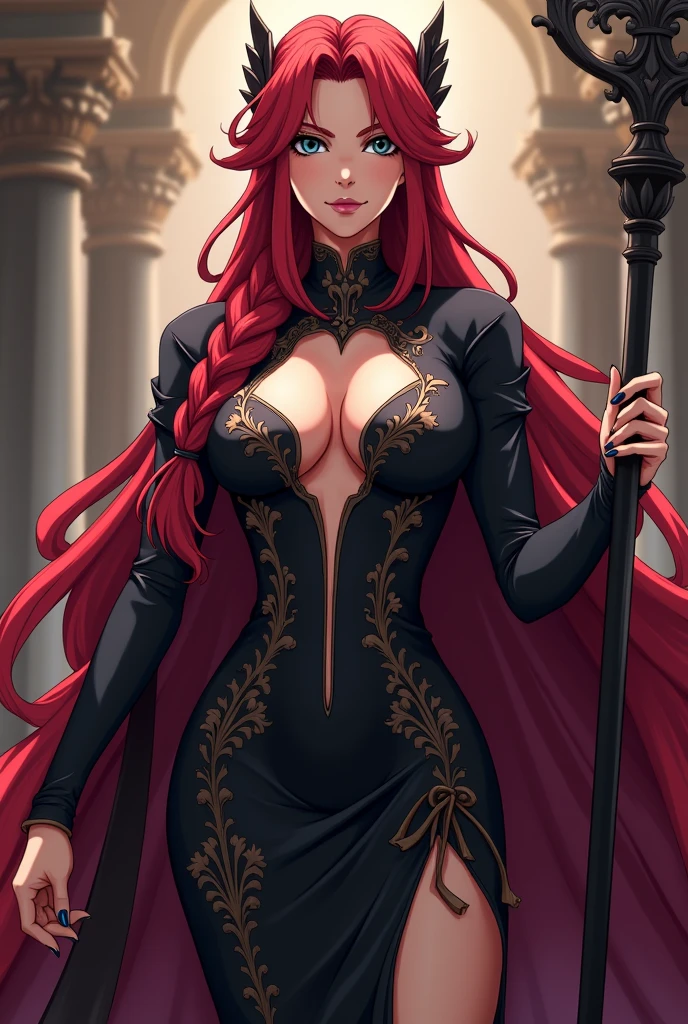 Irene belserion fairy tail, elderly age but still youthful looks , more hot, calming, scarlett hair with long and wavy Braided , wearing form-fitting, ornate dress with intricate patterns, often depicted as black or dark purple, ornate headdress, long staff or scepter. As Less clothes, even more openings