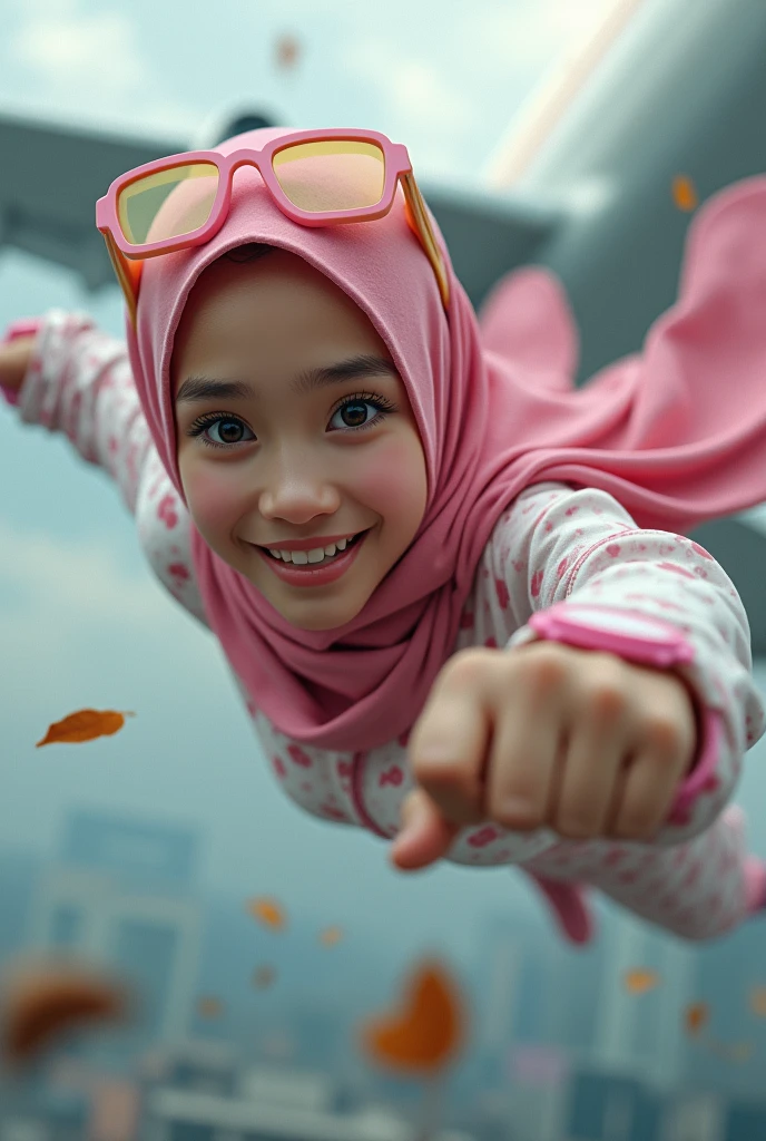 Malaysia women a realistic masterpiece. Human .wear pint watch.. 1girl wearing a hijab, detailed beautiful face, Hijab Muslim. Wear long sleeve moder design pink white pink stripe white. anger face, minimalist flower on shirt. Enger face. Open mouth. Glowing power pink. . Wear pink white.small Safety Pink yellow glasses google spectacle top of the head rubber band. Age 15 year old. Flying position. Fast fly. Panning effect Photography . Jump on and have a super strong power.. punch flying beside big aeroplane . Fight pose. Bokeh background. fist front.. At the city. Bad waether. , detailed lips, long eyelashes. Hero, modest expression, delicate facial features, natural skin tones, , detailed folds and textures of hijab, natural lighting, high quality, photorealistic, 8k, best quality. Malaysia girl. Floating small stone and dry leave. ). Running effect. Glowing yellow power. Runfast effect. Wear blue big glasses big frame. Braces teeth. Boleh background. Panning effect.pink high tech watch. flying high on sky.
