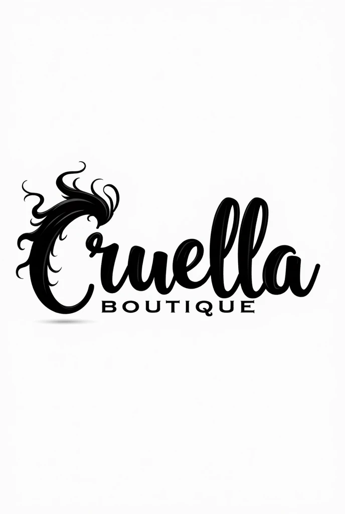 Logo for a boutique white background, With the name "Cruella Boutique" in the center and with Cruella de Vil&#39;s black and white hair 