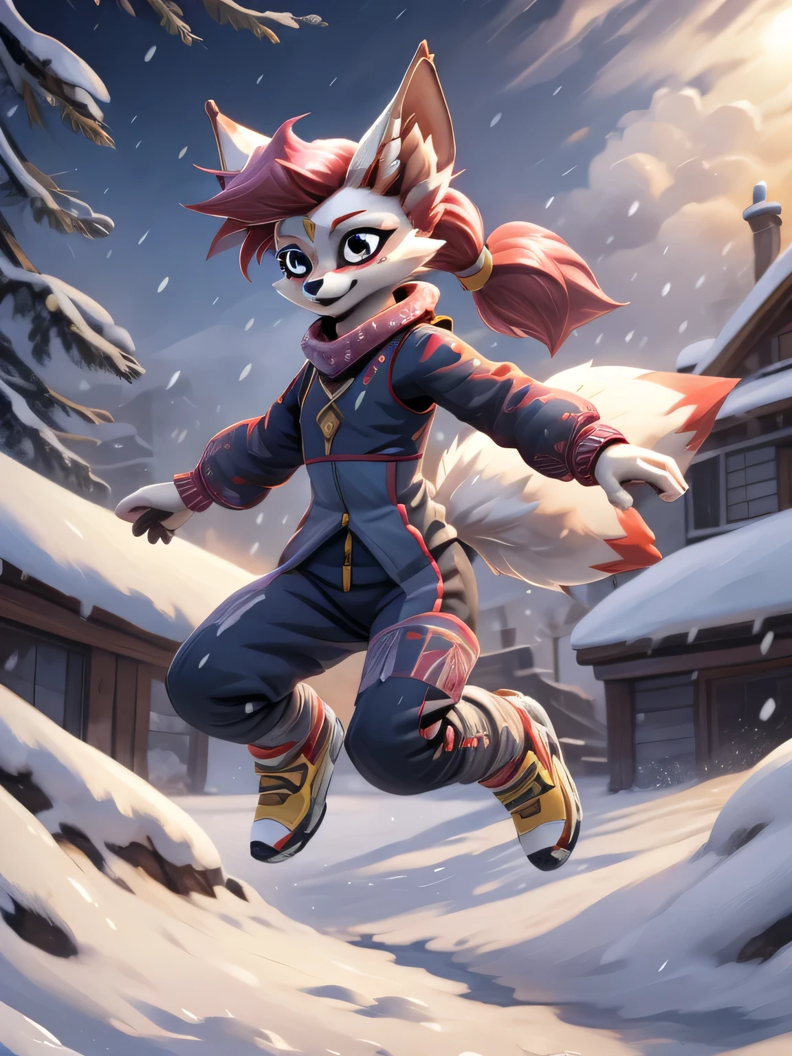 kimiko, furry female anthro, fox girl, multiple tails, solo, short ponytail, scar on the eye, detailed face, masterpiece, dressed, winter suit, snowy day, snow, jump, jump in air, two legs, legs tucked in, detailed face, perfect face, perfect hands, scarf