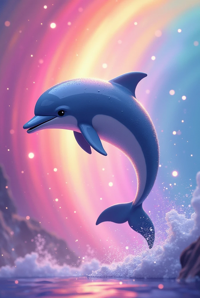 Dolphin on pink rainbow background with glitter laughing