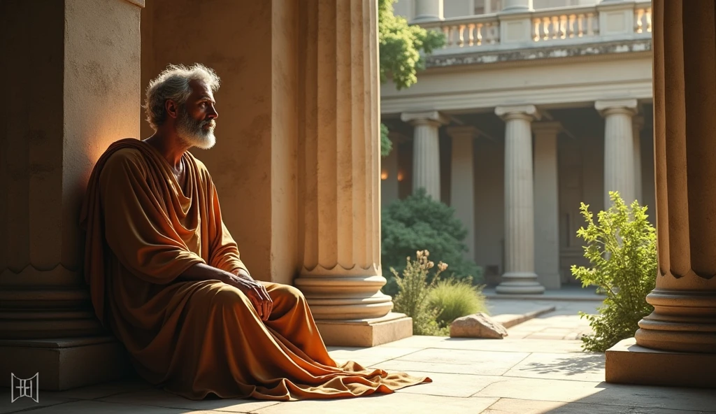 The philosopher retreats to a serene Roman garden or a tranquil, columned library, seeking solace and wisdom. He is depicted in a contemplative pose, dressed in elegant tunics in earthy tones with hints of gold or copper. The scene features well-preserved Doric columns and lush greenery or ancient texts, with soft, ambient light highlighting the philosopher’s reflective expression. The calm and orderly setting reflects the pursuit of Stoic wisdom and inner peace amidst turmoil.