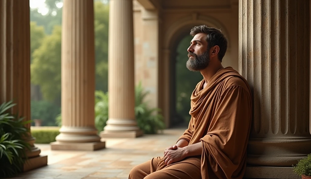 The philosopher retreats to a serene Roman garden or a tranquil, columned library, seeking solace and wisdom. He is depicted in a contemplative pose, dressed in elegant tunics in earthy tones with hints of gold or copper. The scene features well-preserved Doric columns and lush greenery or ancient texts, with soft, ambient light highlighting the philosopher’s reflective expression. The calm and orderly setting reflects the pursuit of Stoic wisdom and inner peace amidst turmoil.