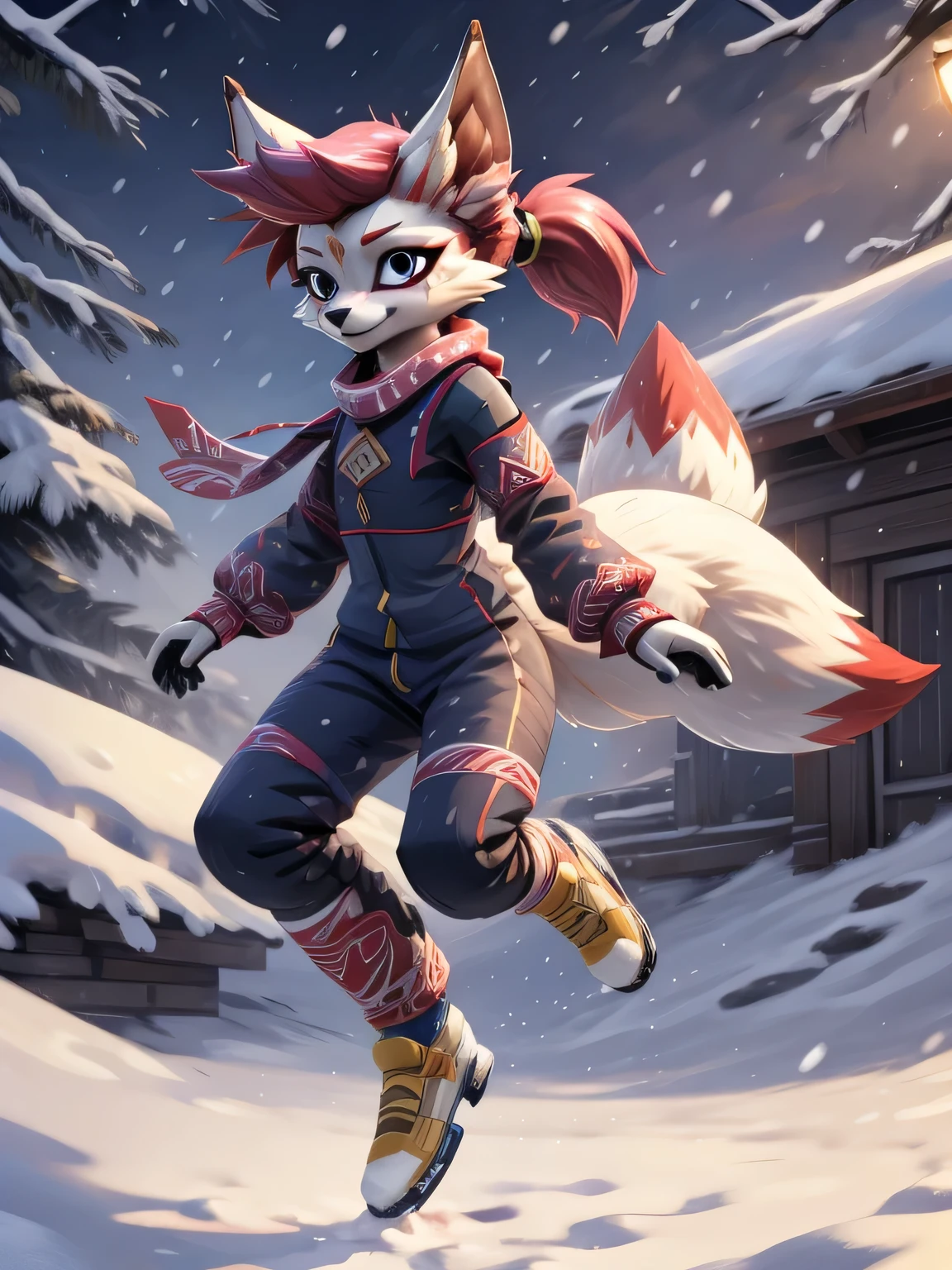 kimiko, furry female anthro, fox girl, multiple tails, solo, short ponytail, scar on the eye, detailed face, masterpiece, dressed, winter suit, snowy day, snow, jump, jump in air, two legs, legs tucked in, detailed face, perfect face, perfect hands, scarf