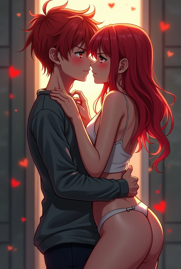 1girl,and 1boy red hair, flaming eye, and boy friend, Holding on Each other , wallpaper, school wall and Her and he clothes were ripped and you could see her ass and bobs the guy kiss her blushing