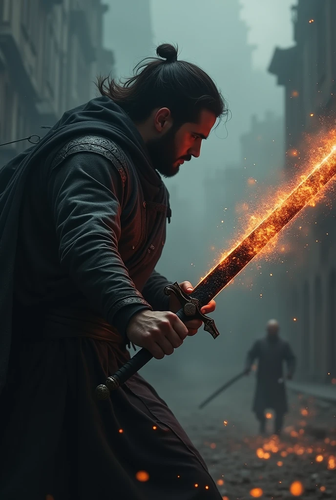 A man carry a Black sword with fire even standing to kill someone running but only hand is showing, background dark with smokie
