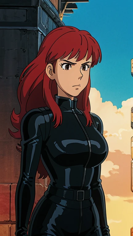 (1girl, Fuj1k0M1n3), (extremely detailed CG unit 8k wallpaper),(master part), (best quality), (ultra detail), (best illustration),(ghibli style), cowboy shot, (Sharp eyeliner, ombre, detail eyes:1), Paris in the 50, outdoors , break , (GHIBLI_Background), upper body, black latex clothing, red hair,
