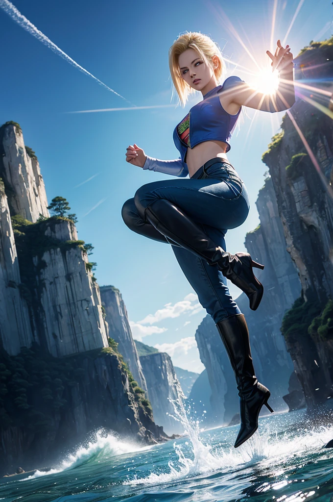 dbz, android 18, charging energy, floating above the water, blue aura, high resolution, cliffs in the background, people in the background