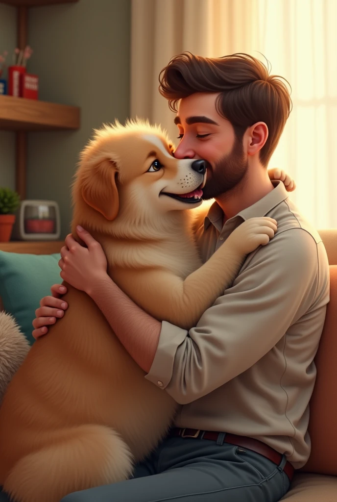 A dog hugging a man