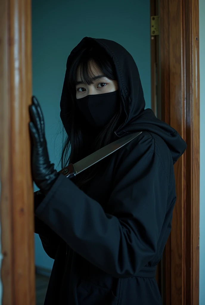 korean girl, (behind stiff, black balaclava mask), holding knife, stabbing, black leather gloves, entrance of the house, black raincoat, girl only, holding knife, leather gloves, behind cadaver, looking at viewer, blood splatter, night, mass murderer, killer, blood splatter,
