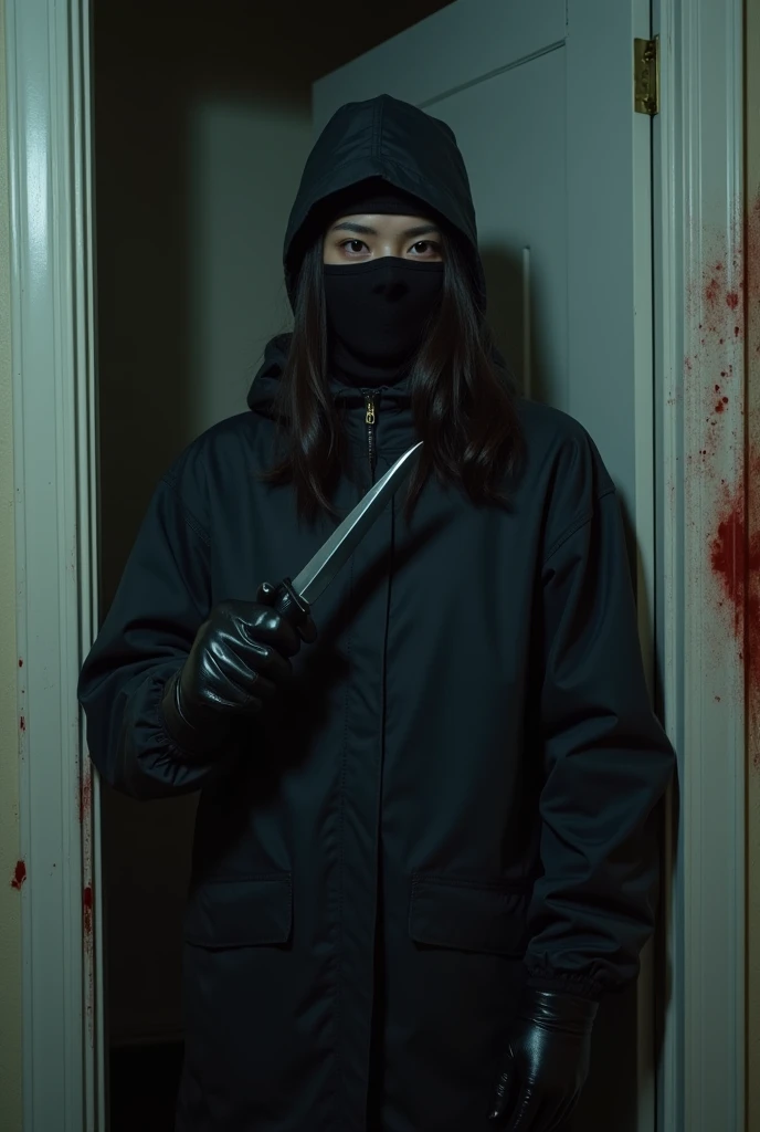 korean girl, (behind stiff, black balaclava mask), holding knife, stabbing, black leather gloves, entrance of the house, black raincoat, girl only, holding knife, leather gloves, behind cadaver, looking at viewer, blood splatter, night, mass murderer, killer, blood splatter,