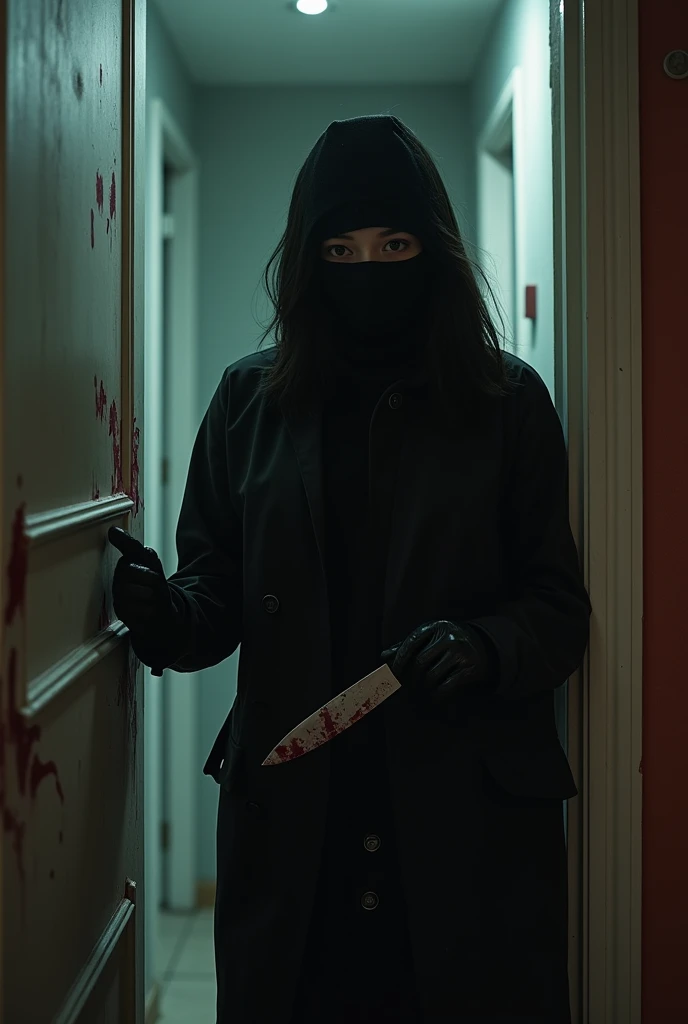 korean girl, (behind stiff, black balaclava mask), holding knife, stabbing, black leather gloves, entrance of the house, black raincoat, girl only, holding knife, leather gloves, behind cadaver, looking at viewer, blood splatter, night, mass murderer, killer, blood splatter,