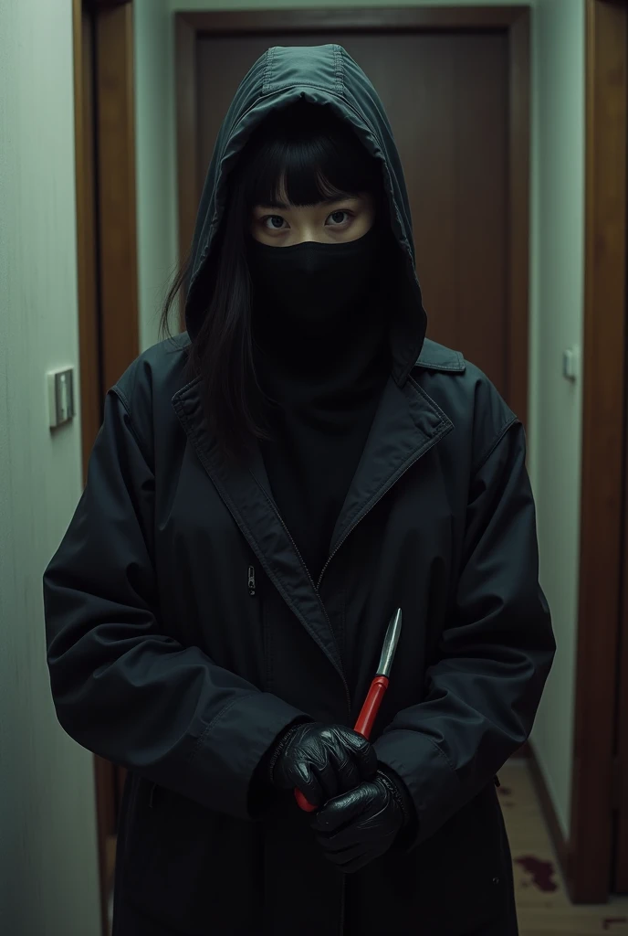 korean girl, (behind stiff, black balaclava mask), holding knife, stabbing, black leather gloves, entrance of the house, black raincoat, girl only, holding knife, leather gloves, behind cadaver, looking at viewer, blood splatter, night, mass murderer, killer, blood splatter,
