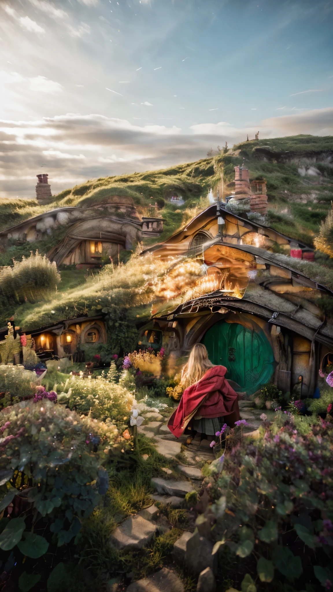 the hobbit, tolkien, a hobbit village, ornate, beautiful, atmosphere, vibe, flowers, concept art illustration, greg rutowski, volumetric lighting, sunbeams, particles,greeny color