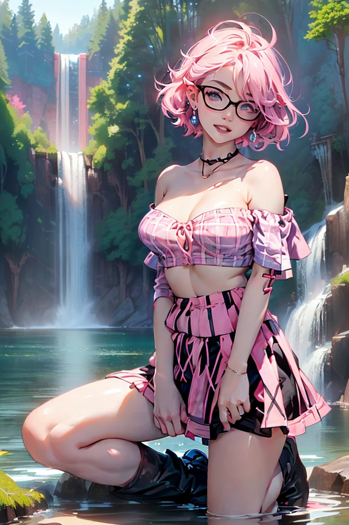 (large breasts 1.7), beautiful elf woman, ((Short Red Hair: 1.6, straight with shine)), bright blue eyes, bright eyes, double eyelids, light effect on eyes, detailed irises, body, ((White Off the Shoulder Top: 1.7, strapless, sleeveless, black and pink plaid mini skirt: 1.7)) black high heels ((work of art, hyper-realistic, hyper detailed, Best quality, 16k, light and shadow on skin, vivid colors), eyeliner, Thin eyebrows, Sensual expression, perfect pouty lips, parted lips, innocent and sexy mature face, ((skin with light and shadow) flirting with the viewer, lots of freckles, full lips, extreme blush, ((smiling flirty)), ((Kneeling near water near lake and waterfall with forest in background at night)), fingertip resting on lower lip, late at night, rays of light, masterpiece, wearing glasses