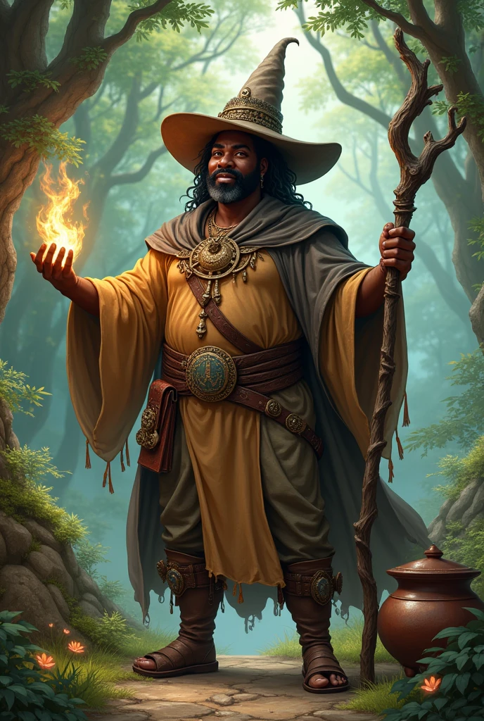 Young black-skinned wizard, fatter ,with natural clothing for rpg,
