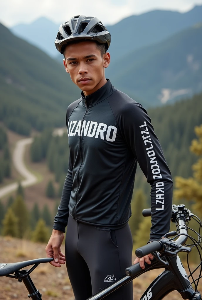 Create a person who wears the name Lizandro on his clothes and has a downhill bike in front of him.