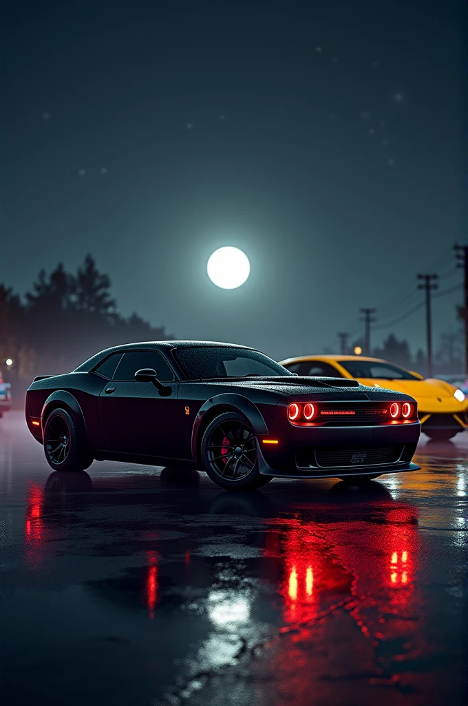 A yellow lamborghini with a matt black red eye hellcat dodge challenger with red head lights in a dark night on a shiny road when the moon is on the sky