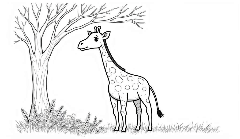 The illustration is super simple., black and white, Clear cold line art, ，No shadow, No complicated images, and makes it easy to color in between the lines. A giraffe.under the tree，There are flowers，