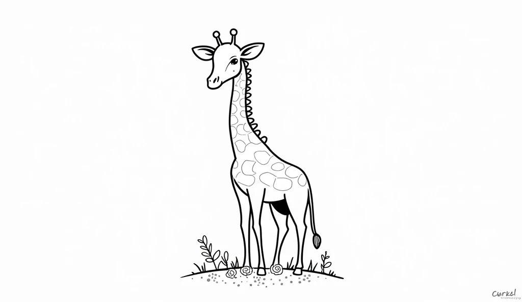 The illustration is super simple., black and white, Clear cold line art, ，No shadow, No complicated images, and makes it easy to color in between the lines. A giraffe.under the tree，There are flowers，
