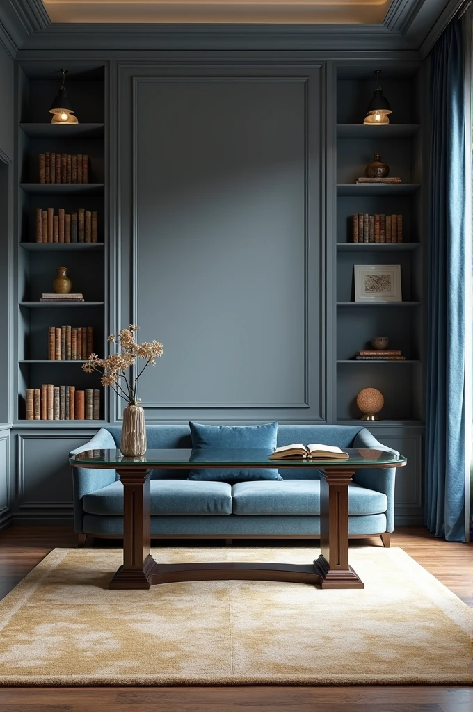 The walls are a beautiful shade of gray., matching a beige rug pulling towards gold. The huge windows are framed by dark blue curtains, and on the other side of the room there are bookshelves built into the walls. The blue-gray sofa sits in front of the massive glass-topped desk.