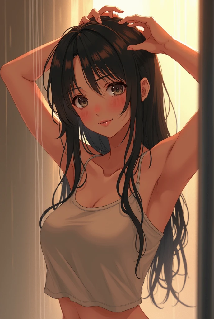 top-quality、Top image quality、​masterpiece、girl with((cute little、18year old、Best Bust、Medium bust、Bust 85,Beautiful blue eyes、Breasts wide open,Long Black Hair、A slender、Middle knot、Reflecting the whole body、Sweating、whole body Dripping wet、bathing、fullnude、embarassed face、Ashamed)）hiquality、Beautiful Art、Background with((bathroom)),masutepiece、Elaborate design、visualart、depth of fields、The best lighting、highestdetailed、8ｋ,Super delicate