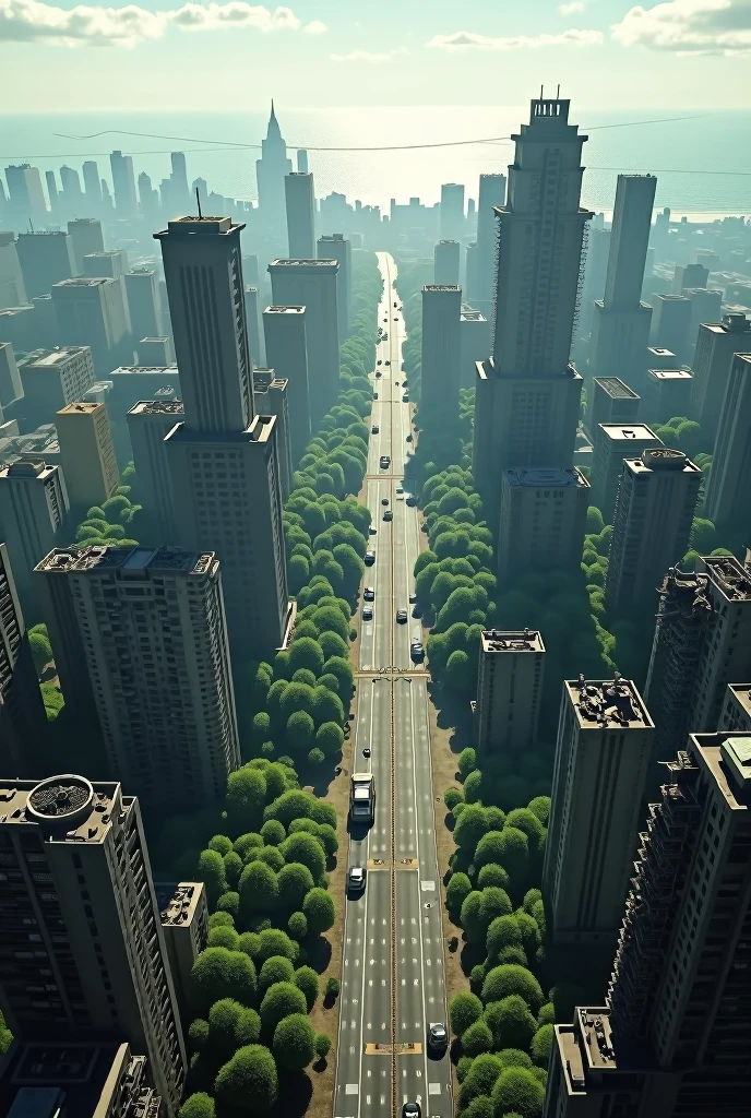 Ruins of a big city,Eternal Silence,Photographic images,Mr.々Various types of buildings and highways,Wide-area images taken from a high altitude,The sea shining in the distance,Part of it begins to be covered by vegetation.,unmanned,Collapsed or falling buildings,No cars, no people,