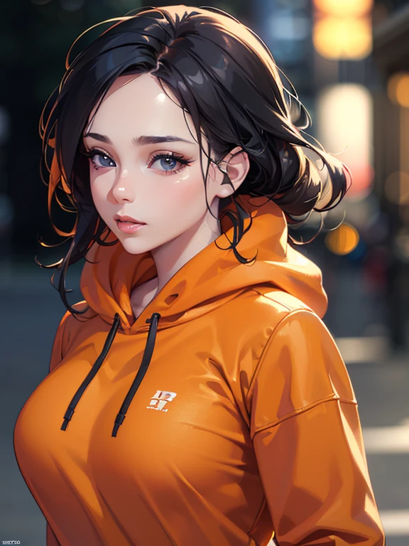 a woman wearing a orange oversized hoodie, beautiful detailed eyes, beautiful detailed lips, extremely detailed face, long eyelashes, serene expression, natural lighting, soft shadows, photorealistic, 8k, (best quality,4k,8k,highres,masterpiece:1.2),ultra-detailed,(realistic,photorealistic,photo-realistic:1.37),studio lighting,vivid colors,bokeh