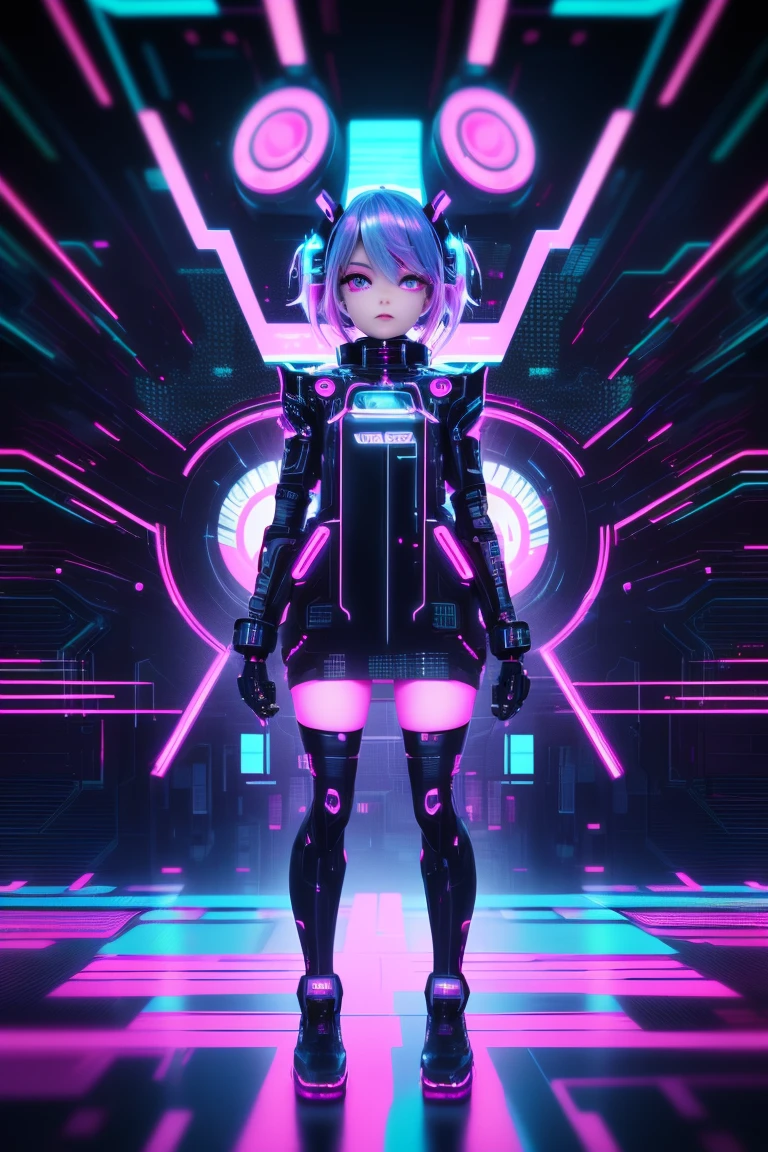 solo, 1girl, full body, (electric Aqua hair), (electric pink eyes), ((Cyber punk outfit)), (symmetrical eyes), (Perfect face), (Perfect Anatomy), (looking at viewer), (cyber shot), ((Glitch Art background)), (glitch art:1.3) ((glitch effect)), (8k), (HD), (Cinematography)