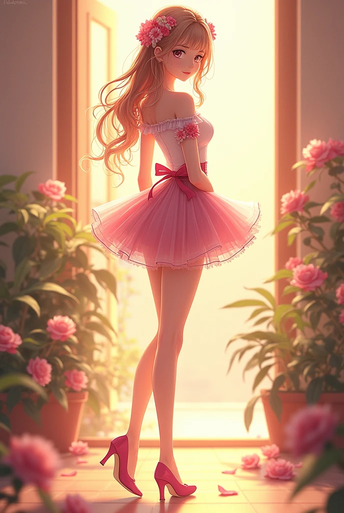 Ultra high quality,Long legs,cute,Sunlight,Off-shoulder,Wear flowers on your head,charming,Ribbon,Pink miniskirt,Flowers on skirt,High heel,whole body,High School Students