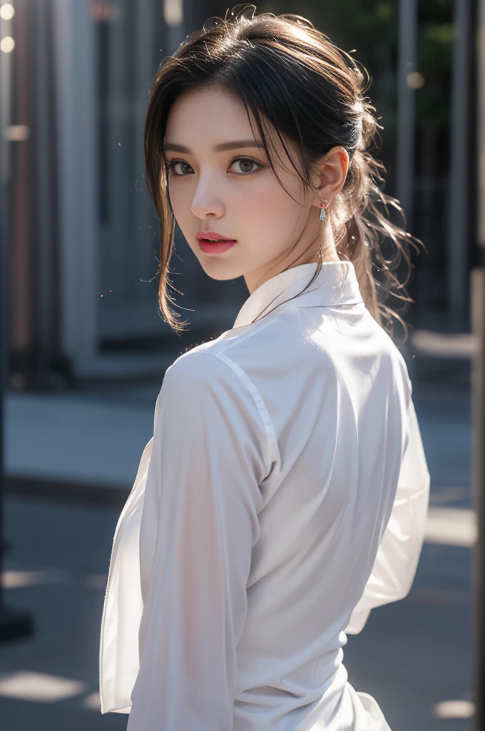 1 beautiful girl in Hanfu, ((very thin and soft white silk shirt)), platinum purple long ponytail, Jewelry, ear jewelry, necklace and necklace, carefully painted purple big eyes, carefully made up, thin eyebrows, high nose, beautiful red lips, no smile, pursed lips, rosy cheeks, wide chest, big breasts, well-proportioned breasts, slim waist, well-proportioned buttocks, black fishnet stockings, Chinese Hanfu style, fictional art pattern, full of bright and realistic colors, RAW photo, realistic photo, 8k ultra-high quality surreal photo, (magic light effect effect: 1.8), 10x pixels, magic effect (Background): 1.8), super detailed eyes, full body portrait of the girl, standing in the rain, wet clothes hugging the body, revealing beautiful curves, dynamic posture