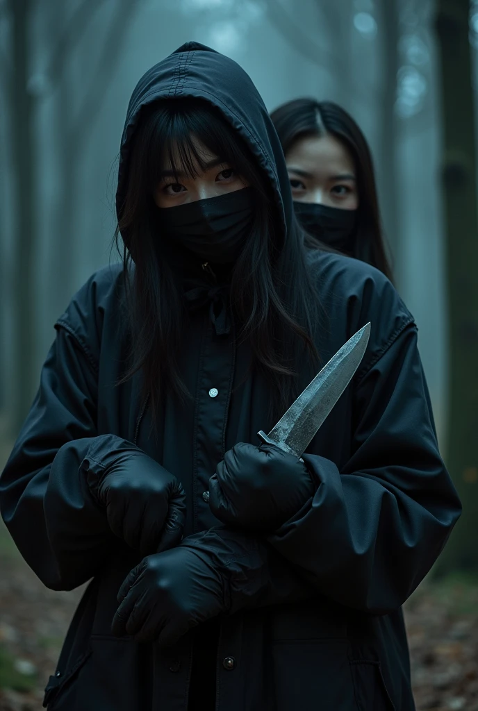 korean girl, (behind corpse, balaclava), holding knife, stabbing, black gloves, room full of blood, black raincoat, holding knife, black gloves, behind corpse, blood splatter, in the hotel, woman on top, black wet suit, night, glamorous, killer, robbery, dark atmosphere, cinematic lighting, atmospheric realistic, close-up,