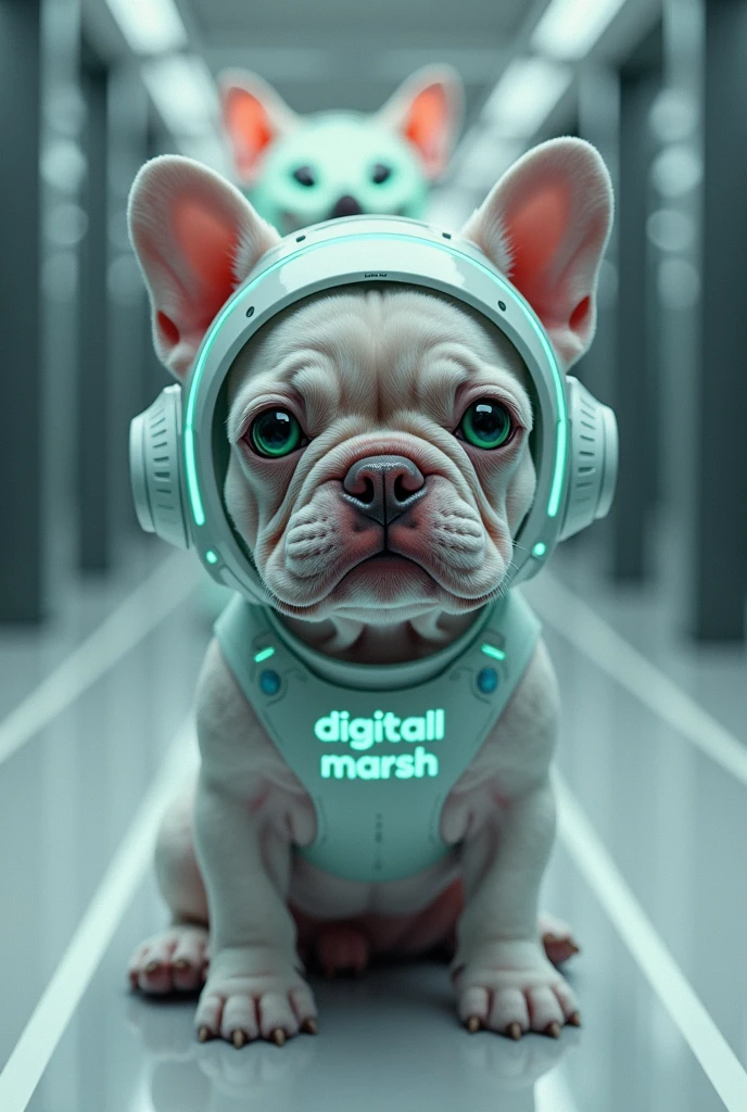 a light grey french bulldog sitting with green eyes, technological with DJ Marshmallow on the head and with the name highlighted "Digital
Marsh"