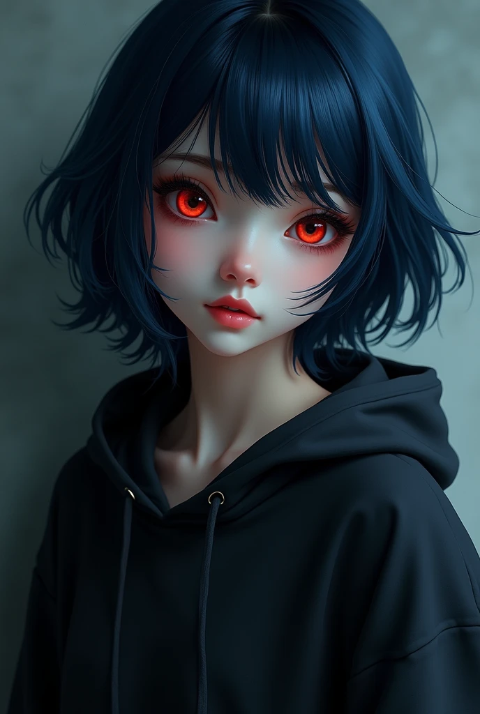 girl , dark blue hair , modern day mullet hair style , black hoodie , red eyes , almond eye