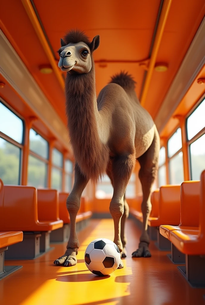 Chameau qui fait du foot dans un bus orange