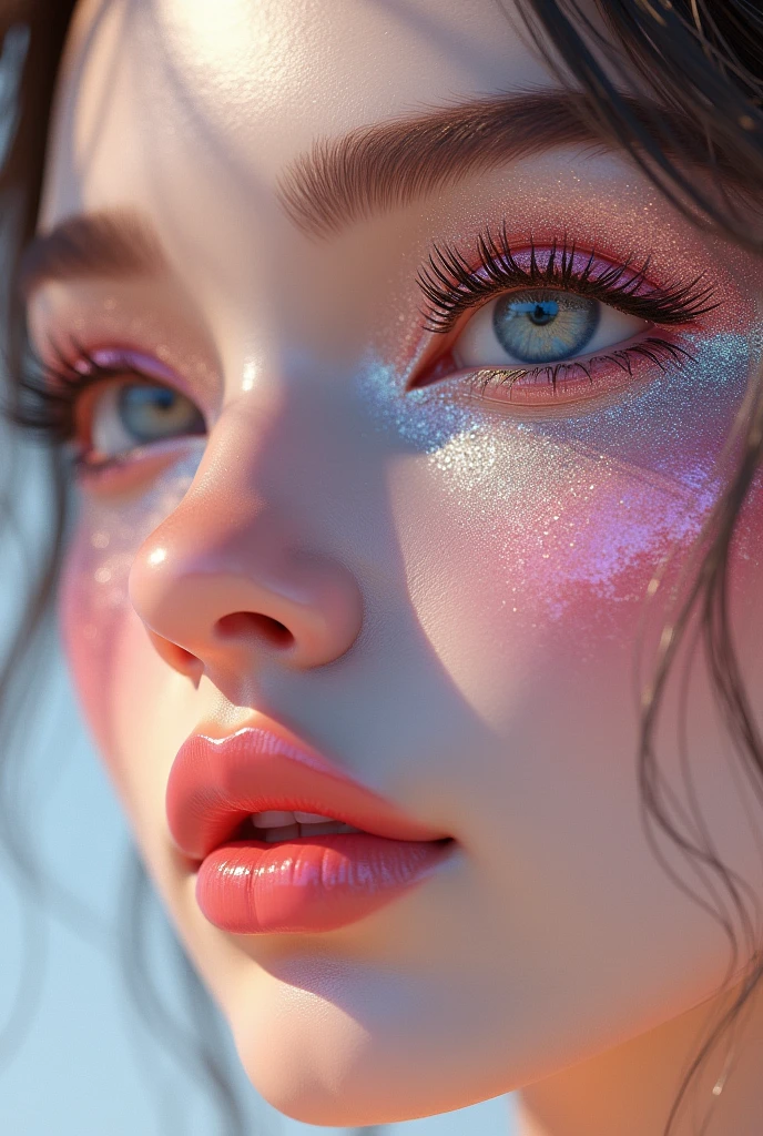 3d animated sharp image face of beautiful girl in the face detailing (Christel, shimmer, Pearls, shine skin, pigment skin, glossy pink lip, hyper realistic) make the face amazing in her face she did her makeup with raw jowls like Cristal dimond and pigmentation also fairy wings