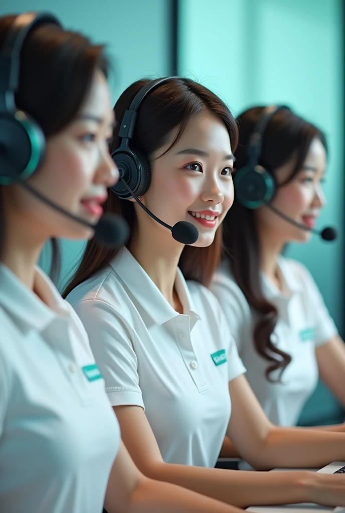 Four beautiful young Asian girls with double eyelids are calling customers with softphones. They are wearing white polo shirts with a little bit of turquoise and a very small amount of orange. On their chests, they only have the word abbank written in capital turquoise without any logo.
