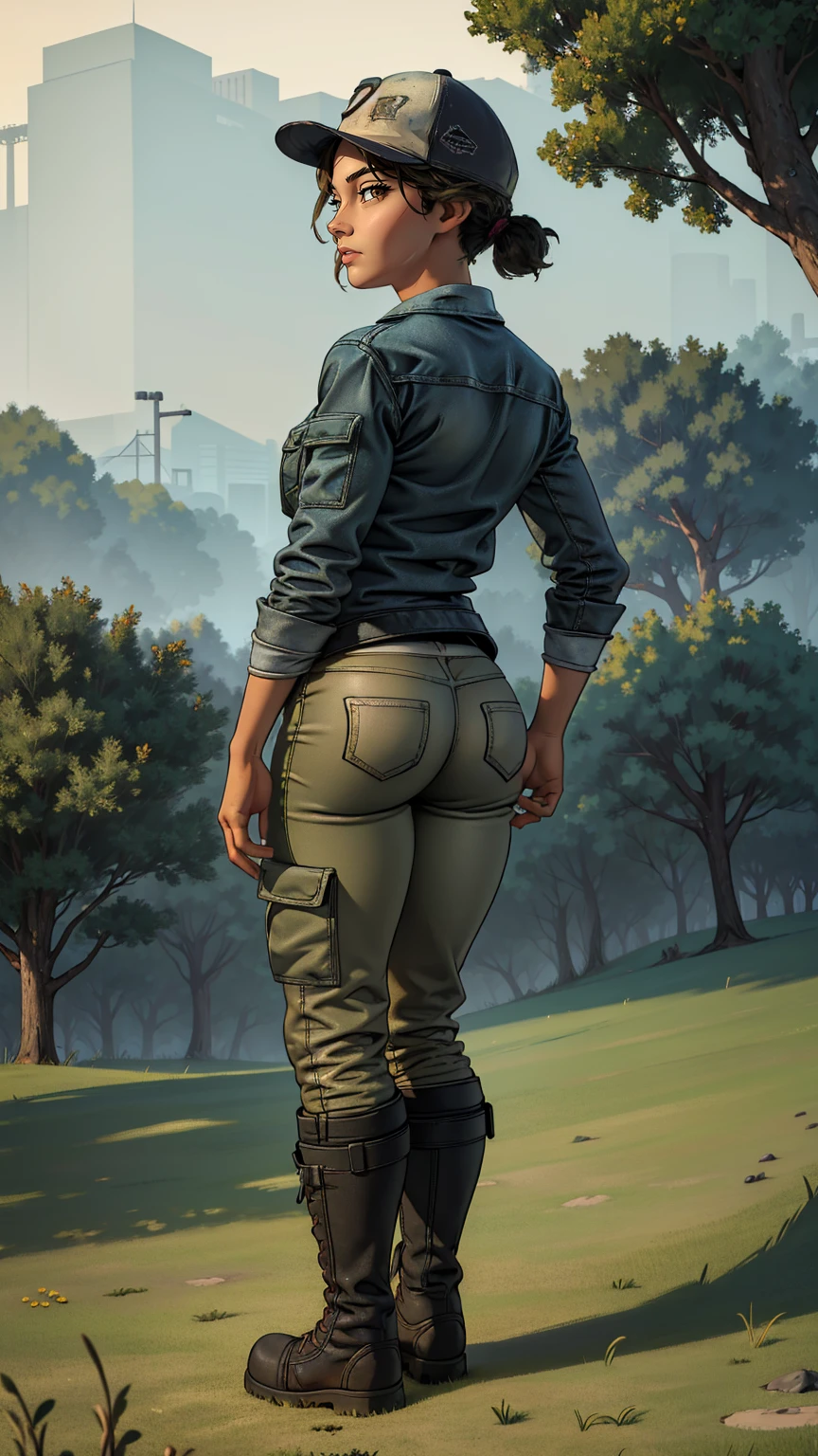 ((masterpiece, best quality)),(complex lighting) ,solo,(((1girl))) ,clementine, light skin,light-skinned female, baseball cap, green cargo pants, brown eyes, tight pants, combat boots, shirt, short hair, one short ponytail, open denim jacket, huge butt, thicc butt , (((8k))), (((full body))), (((butt visible))), (((looking at the viewer))), big butt