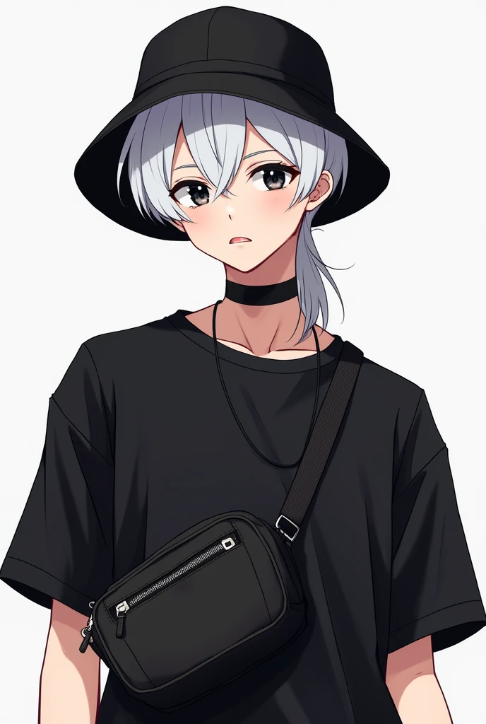 Male, 2d, anime, white hair, black shirt, black eyes, black crossbody bag, idol, black bucket hat, two block mulet hairstyle, gaming, gamer