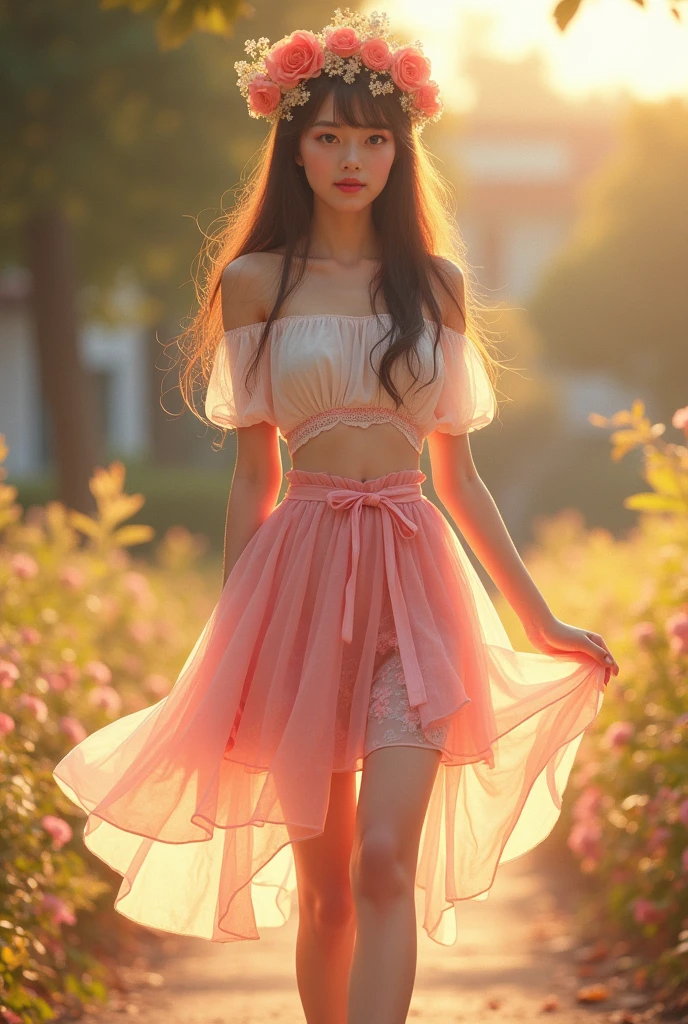 Ultra high quality,Long legs,cute,Sunlight,Off-shoulder,Wear flowers on your head,charming,Ribbon,Pink skirt,Flowers on skirt,High heel,whole body,High School Students