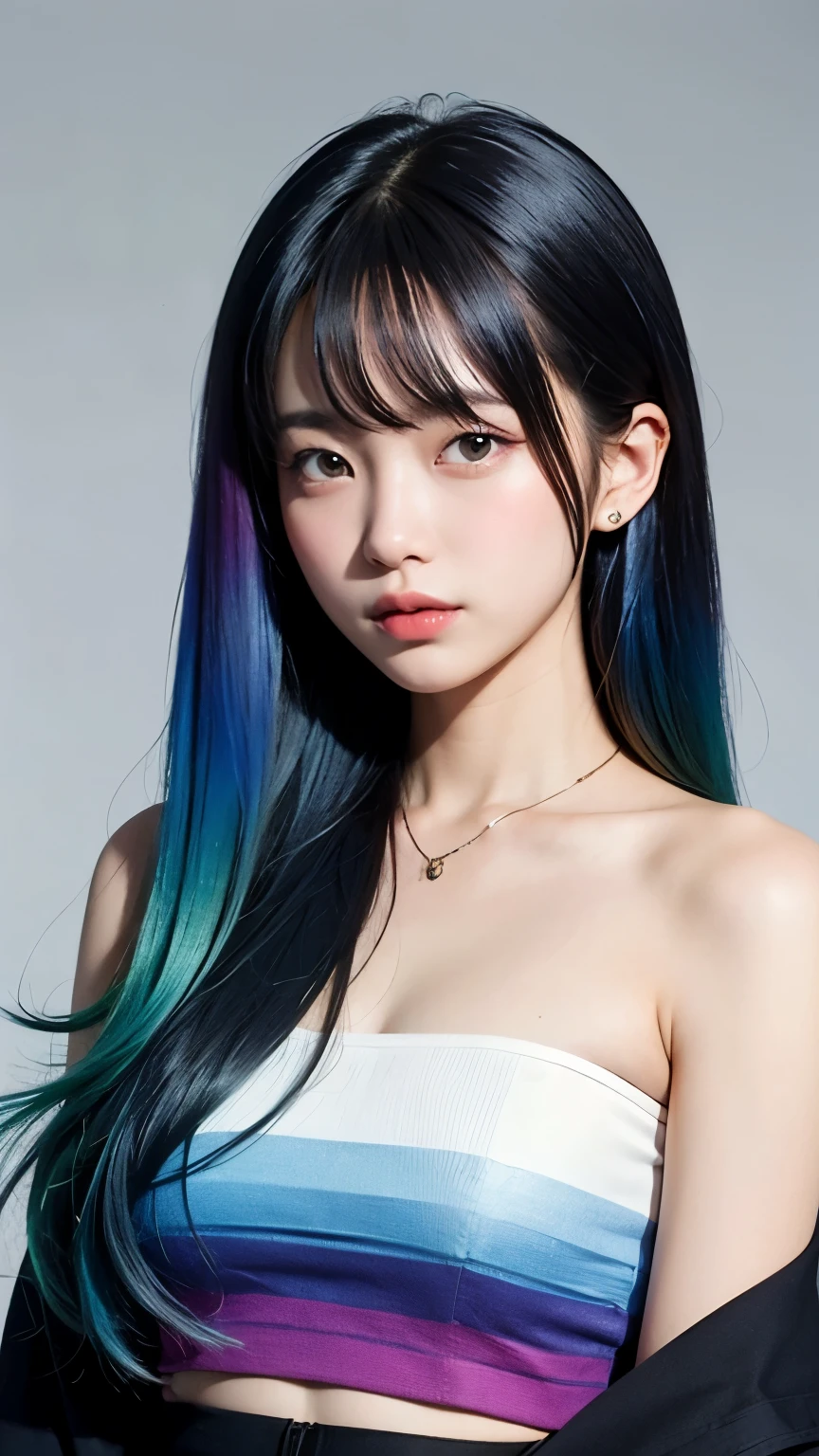Gradient Hair, one person's, alone,very cute, Long Hair, View your viewers, Gray eyes, White milky background, jewelry, Mouth closed, Jacket, Upper Body, Pink Hair, Earrings, Pink Eyes, necklace, From the side, sweater, lips, eyelash, Compensate, Wavy Hair, Earrings, cross, lipstick, 耳のEarrings, eye shadow, hoop Earrings, ピンクのlips, Variegated eyes, Pink Theme, , ピンクのeye shadow,