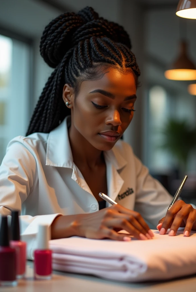 dark Black woman working as a manicurist portrait show The face she has black hair styled in braids and is dressed The background should depict a modern nail salon portrait show The face