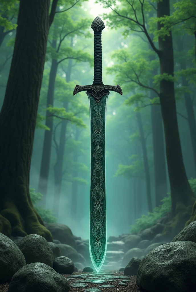 a mystical and precious dark grey and dark green sword with little circles on his blade. The background is a forest and rocks drawn in a traditional Japanese style
