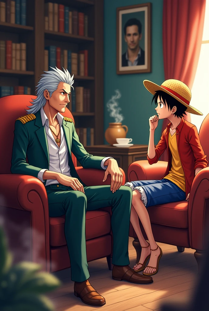 a picture of rayleigh talking to luffy in the living room