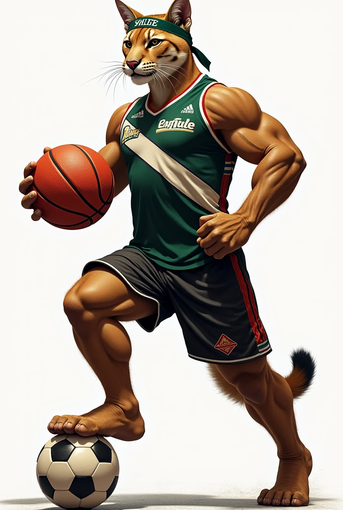 Andean puma lead, standing on two legs, with a lead-colored athletics shirt and stepping on a soccer ball and in the other front paw holding a basketball, on the head that has a lead sports headband, on the shirt on the chest that has the word La Salle diagonally, But it has to be a puma from the Andes of Peru, The shirt has to be a light lead color
