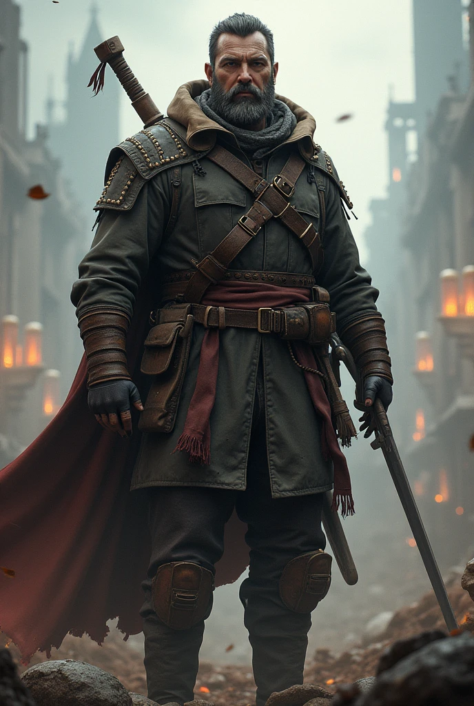 A game protagonist in a world at war between saints and sinners, wearing a jacket, beard and weapons