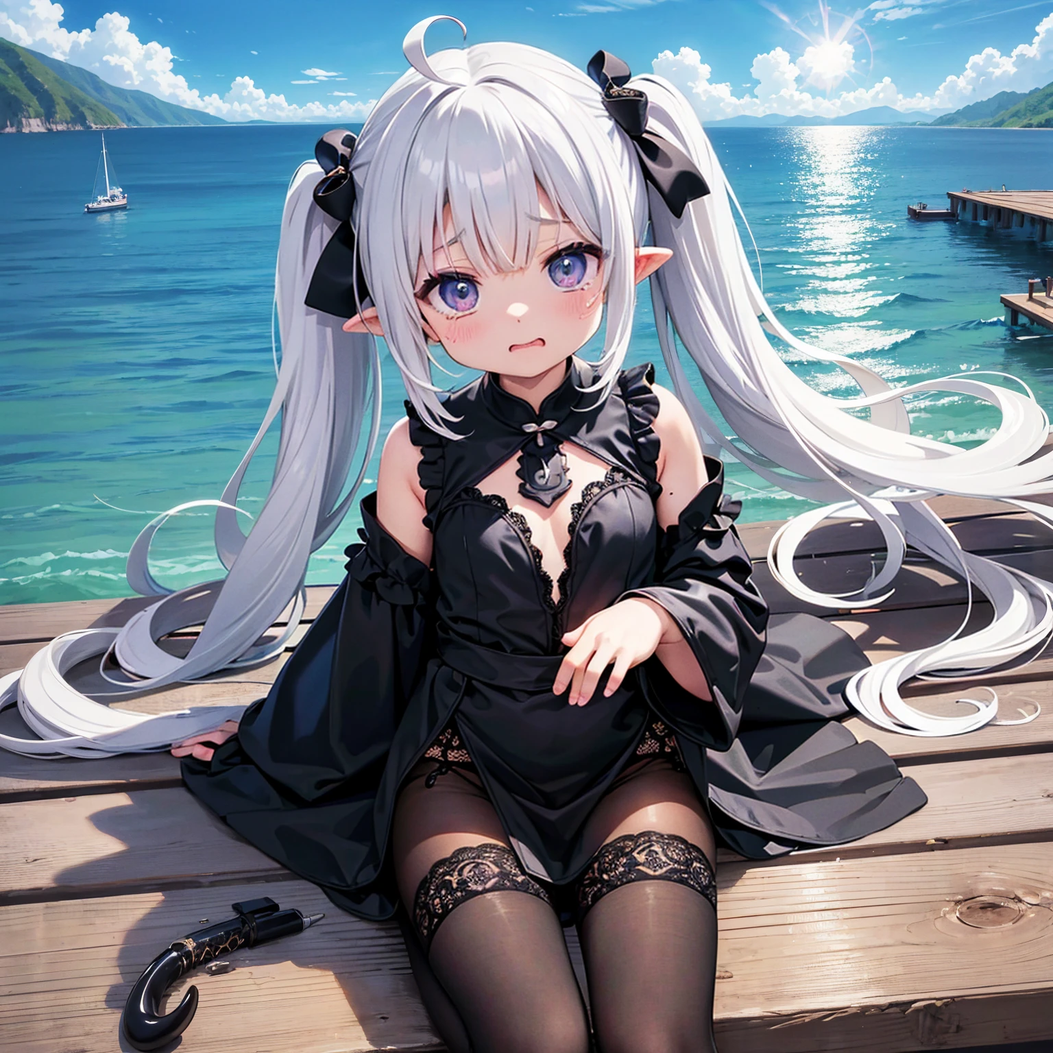 Silver Hair、Black costume、sea of clouds、lake、Pier、A ray of light shines on her、Mocking、The right bangs are a little long、Medium Long Hair、Lace Stockings、Long twin tails、(黒い怪物が少女の影に潜んでMocking、Attacked by black tentacles)Tentacles attack her、disheveled costume、Torn Costume、to tears、Underwear is visible、Body fluids flowing down