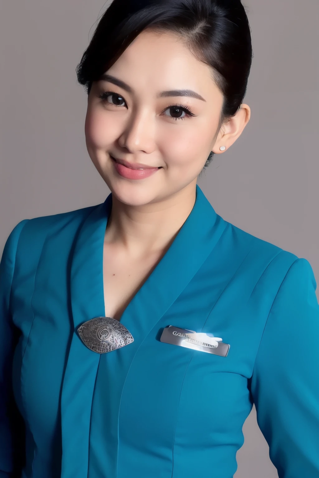 photo of a woman wearing garudaindonesia uniform, solo focus, posing for a photo, (detailed face), simple white background, hand on hips  