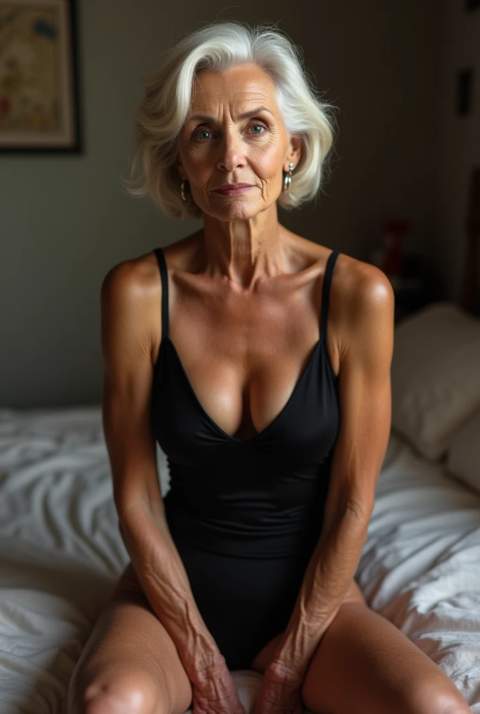 (best quality) old person arafed elderly woman in black swimsuit sitting on bed, tumblr, she is about 70 years old, mature, big breasts, spectacular, gorgeous woman, digital art, high quality, high resolution