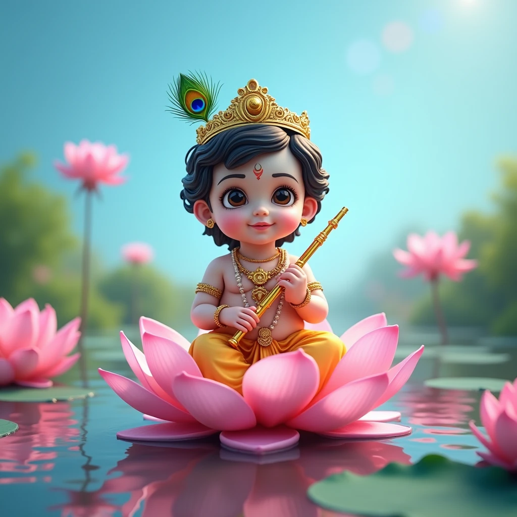 Realistic image of Lord krishna as a 2 year old boy sitting on a pink lotus in a pond, various other pink lotuses seen in the pond, bright blue sky, wearing a golden crown with a peacock feather in it, and holding a flute in his hand
, bright and beautiful image, normal human face and normal human eyes, no animated eyes to be seen,create high quality realistic image, beautiful Landscape, eyes facing straight at the camera, image should ultra clear, hyper realistic, high quality 4k